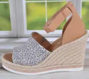NEW Toms Marisol Natural Leopard Canvas Wedge Heel Ankle Strap Sandals Size 11