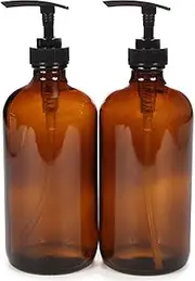 Vivaplex, 2, Large, 16 oz, Empty, Amber Glass Bottles with Black Lotion Pumps