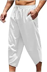 [Zeiyignr] Men's Linen Harem Capri Pants Lightweight Loose 3/4 Shorts Drawstring Elastic Waist Casual Comfy Beach Yoga Trousers