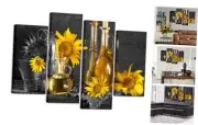 - 4 Panel Black and White Canvas Wall Art Wine with Yellow Sunflower Picture