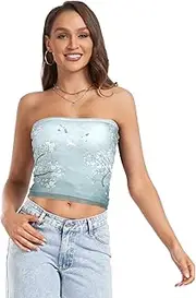 [RPLIFE] Chinese Style Trees Flowers Birds Womens Crop Tube Top Womens Strapless Top, Mesh Tube Tops, Sexy Tube Tops (S)