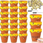 Leinuosen 24 Sets Honey Bee Pot Mini Ceramic Honey Jars with Bee Charms for Cupcake Planter Centerpiece Decorations for Honeybee Theme Party Baby Shower Guests Wedding 1st Birthday Party Favors