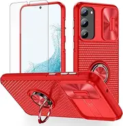 [Asuwish] Phone Case for Samsung Galaxy S23 5G with Slide Camera Cover and Tempered Glass Screen Protector Ring Holder Stand Rugged Slim Cell S 23 23S GS23 G5 SM-S911U 6.1 inch Women Men Red