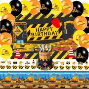 Construction Theme Party Decorating Set - Backdrop Banner Latex Balloons Cake Cupcake Toppers Tablecloth
