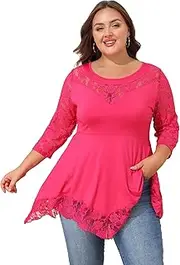 [LapaPlus] Women’s Plus Size Tops Lace Trim Round Neck 3/4 Sleeve T-Shirts Pleated Lace Hem Flowy Casual Blouse Tunic Tops