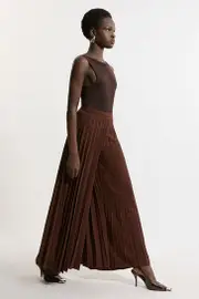 Tailored Crepe Pleated Full Midi Pants