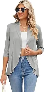 [Famulily] Women's 3/4 Sleeve Summer Cardigans, Lightweight Draped Loose Shawl Blouse Casual Open Front Ruffle Cardigans, Grey, XL