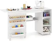 Folding Sewing Table, Multipurpose Sewing Machine Cart with Storage Shelves, 2 Storage Bins and 18 Pegs, Portable Rolling Craft Station with Lockable Casters for Small Spaces