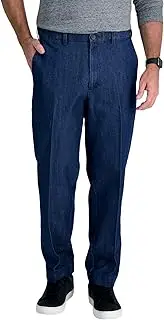 [Haggar] Mens HC00275 Stretch Denim Expandable Waist Classic Fit Flat Front Pant Casual Pants - Blue