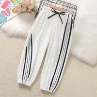 在飛比找ETMall東森購物網優惠-薄款純棉夏裝運動條紋白色七分褲