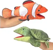 Turtle and Clownfish Sea Animal Hand Puppets - 2 Pack Soft Plush Toys with Moveable Mouths - 31 and 34cm in Length