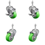 3 Inch SS Green Poly Swivel 3/8 Inch Threaded Stem Caster Set 2 Brake SCC
