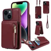 For iPhone 14 Wallet Case RFID Blocking PU+TPU Kickstand Phone Cover with Strap