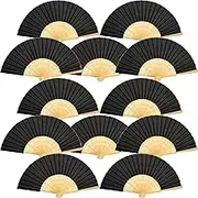 (Black) - 12 Pack Hand Held Fans Silk Bamboo Folding Fans Handheld Folded Fan for Church Wedding Gift, Party Favours, DIY Decoration (Black)