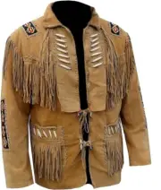 Men Native American Cowboy Leather Suede Jacket Fringe & Beaded Western Jacket