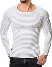[JEShifangjiusu] Men's Crewneck Knitted Textured Sweaters Male Long Sleeve Striped Sweater Solid Slim Fit Men Pullover