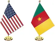 2 Pack Cameroon American Desk Small Flag Set,5×8 Inch cameroonian Mini Desktop Table Banner,12" Metal Solid Pole Decor,Tiny Digital Printed Polyester Banner With Golden Base