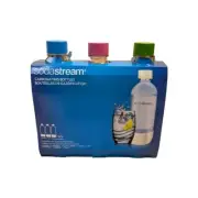 3 SodaStream Carbonating Bottles 1 Liter, blue/purple/green, exp 10/27