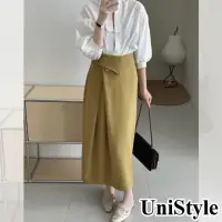 在飛比找momo購物網優惠-【UniStyle】設計感半身裙 韓版不規則褶皺收腰A字裙 