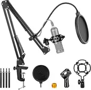 Microphone Arm Stand Adjustable Suspension Boom Mic Stand with 3/8" to 5/8" Screw Adapter, Pop Filter, Mic Clip, Shock Mount