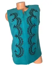 Bob Mackie Teal Full Zip Best Black Embroidered Size Small New With Tags