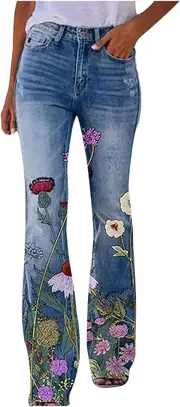 Only 1 Bell Bottom for Women Printed Mid Rise Stretch Wide Leg Denim Pants Classic Distressed Flared Bootcut Trousers