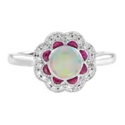 14K White Gold Natural Opal Ruby Diamond Art Deco Style Halo Ring