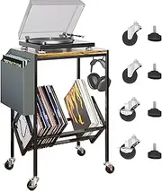 FORYUSE Record Player Stand Table Vinyl Record Storage Holder with Wheels & Adjustable Feet, Side Pocket, Headphone Hanger, Small Turntable Stand Up to 100 Albums