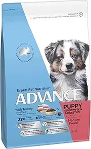Advance Puppy Sensitive Skin & Digestion Dog Food, Turkey & Rice, Medium Breed, (15Kg) Australian Made Puppy Food Grain Free Puppy Food Puppy Food for Sensitive Skin Hypoallergenic