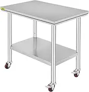 VEVOR Stainless Steel Catering Work Table 90(L) x 60(W) x 80(H) cm Commercial Work Table with 4 Wheels Commercial Food Prep Workbench with Flexible Adjustment Shelf for Kitchen Prep Table