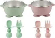 2 Pack Stainless Steel Toddler Bowls with Suction and 2 Spoons 2 Forks, Pink Gre