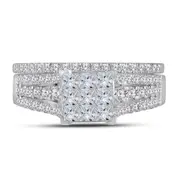 14k White Gold Princess Diamond Cluster Bridal Wedding Ring Set 1 Cttw