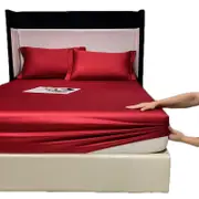 Catzon Soft Luxury Silky Satin Bed Sheets Pillowcase 3 Piece Set Bedding-WineRed
