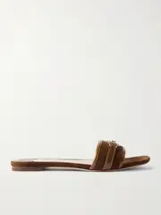 [TOM FORD] TOM FORD - Logo-embellished Leather-trimmed Suede Slides - Brown - IT39 IT 39 Brown