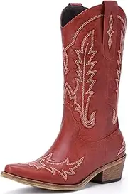 [Rivalran] Cowboy Boots for Women - Cowgirl Boots with Embroidery, Chunky Heel Pointed Toe Pull-on Vintage Western Mid Calf Fashion Boots for Ladies