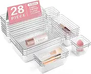 28 PCS Clear Plastic Drawer Organiser Set, 4 Sizes Makeup Organisers,Non-Slip Storage Containers for Makeup, Jewelry, Bedroom, Bathroom, Kitchen Gadgets Utensils and Office