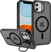 for iPhone 11 Pro Max Case with Metal Camera Stand [Compatible with Magsafe] Full Protection Shockproof Cover Translucent Magnetic Case for iPhone 11 Pro Max (Black)