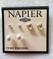 New on Card NAPIER CZ Rhinestone & faux Pearl Pierced Earrings #27-6