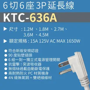 【BC 博銓】KTC-636A-9 6切6座3孔2.7M/9尺 防雷擊 延長線(過載斷電保護/固定掛孔)