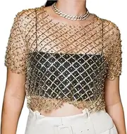 [Generic] Women Sheer Mesh Sequin Pearl Embellished Crop Tee Shirt Short Sleeve See Through Summer Going Out Tops