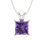 2 ct Princess Cut Purple Alexandrite Pendant 16" Gift Chain 14k White gold