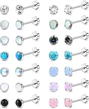 [Kakonia] 14 Pairs Small Stud Earrings Set for Women Men Surgical Steel Flatback Earrings Hypoallergenic Cartilage Earrings CZ Opal Moonstone Turquoise Tiny Helix Piercing Earrings Set for Multiple