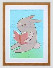 Nursery Grey Bunny Rabbit Reading Book Learn Kids Bedroom Framed Wall Art Print