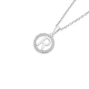 Silver Initial R In Cz Round Pendant