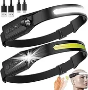Rechargeable LED Headlamp 2 Packs,COB230° Wide Beam Headlamps, 5 Modes of Lightweight Headlamps with Motion Sensors, Type-C USB Charging Headlamps,Suitable for Night Running,Fishing, Cycling, Camping