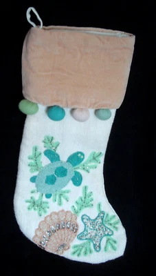 Christmas Stocking White Peach Turquoise Beaded Turtle Shell Starfish NEW