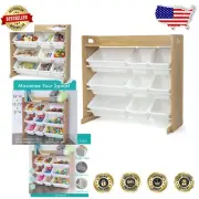 Space-Saving Toy Storage Rack with Top Shelf & 9 Plastic Bins – Modern Nursery
