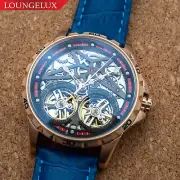 Mens Rose Gold Double Flywheel Skeleton Automatic Mechanical Watch Blue Leather