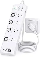 One Beat Power Board Surge Protector with Individual Switch,Power Strip with 4 AC Outlets,2USB A and 2USB C Charging Port,1.8M Extension Cord 350 Joules Powerboard,Wall Mount for Home,Dorm and Office