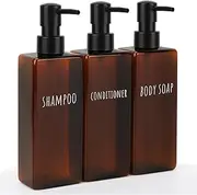 Segbeauty Shampoo and Conditioner Dispenser, 3Pcs 500ml Pump Bottle, Plastic Hand Soap and Dishwashing Liquid Dispenser, With Printed Labels, Bathroom Accessories (Brown)